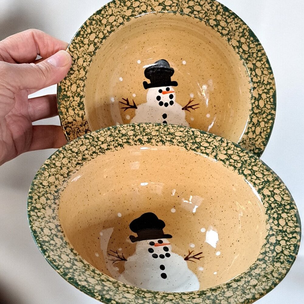 Set of Two - Vintage Three Rivers Pottery snowman bowl 7 1/2” 1999 snow man